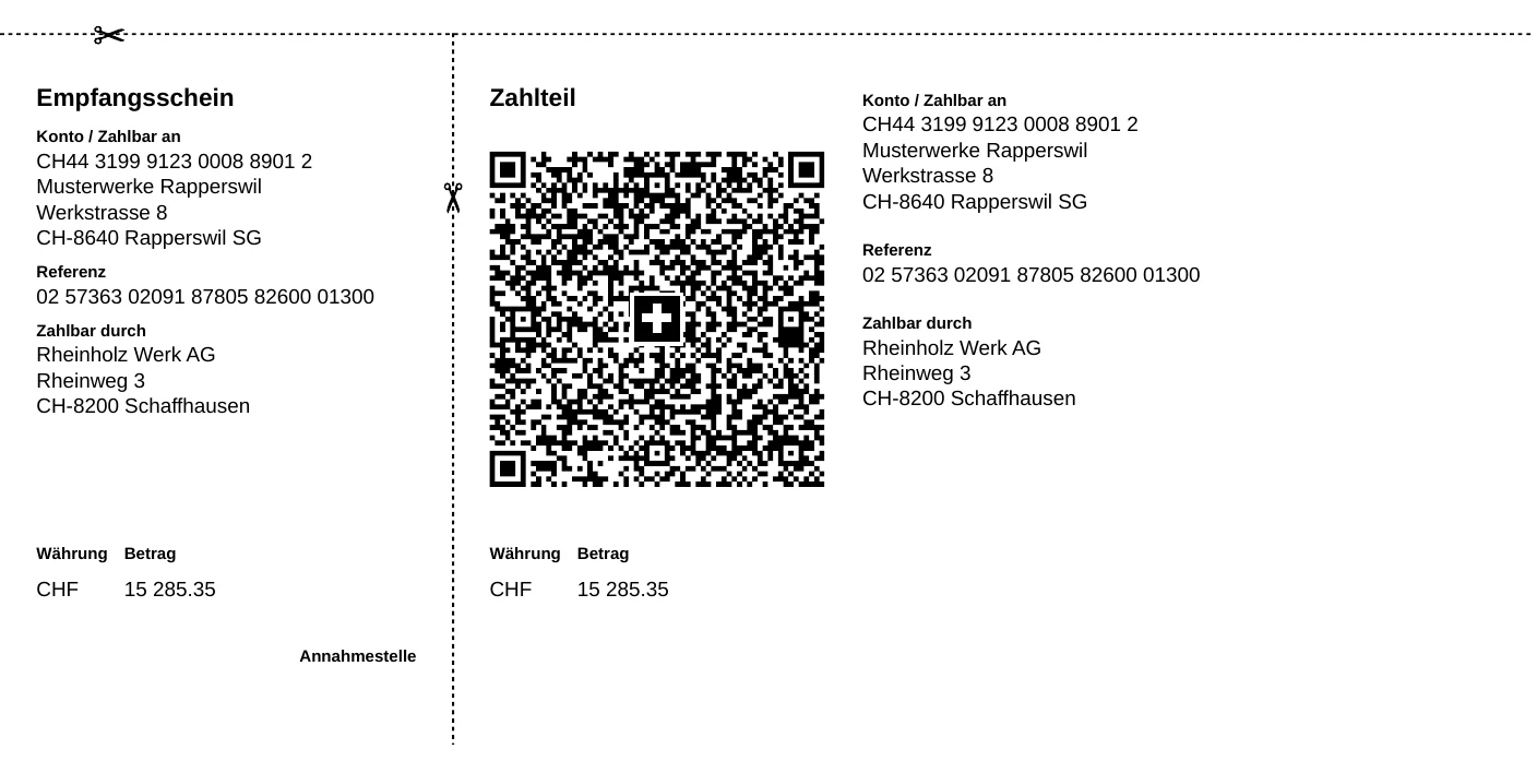 Zahlteil der QR-Rechnung von Musterwerke Rapperswil über CHF 15'285.35